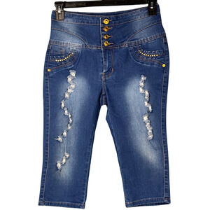 Tush Push Stretch Blue Stonewashed Denim Distressed‎ Studded Junior Capris Sz 11